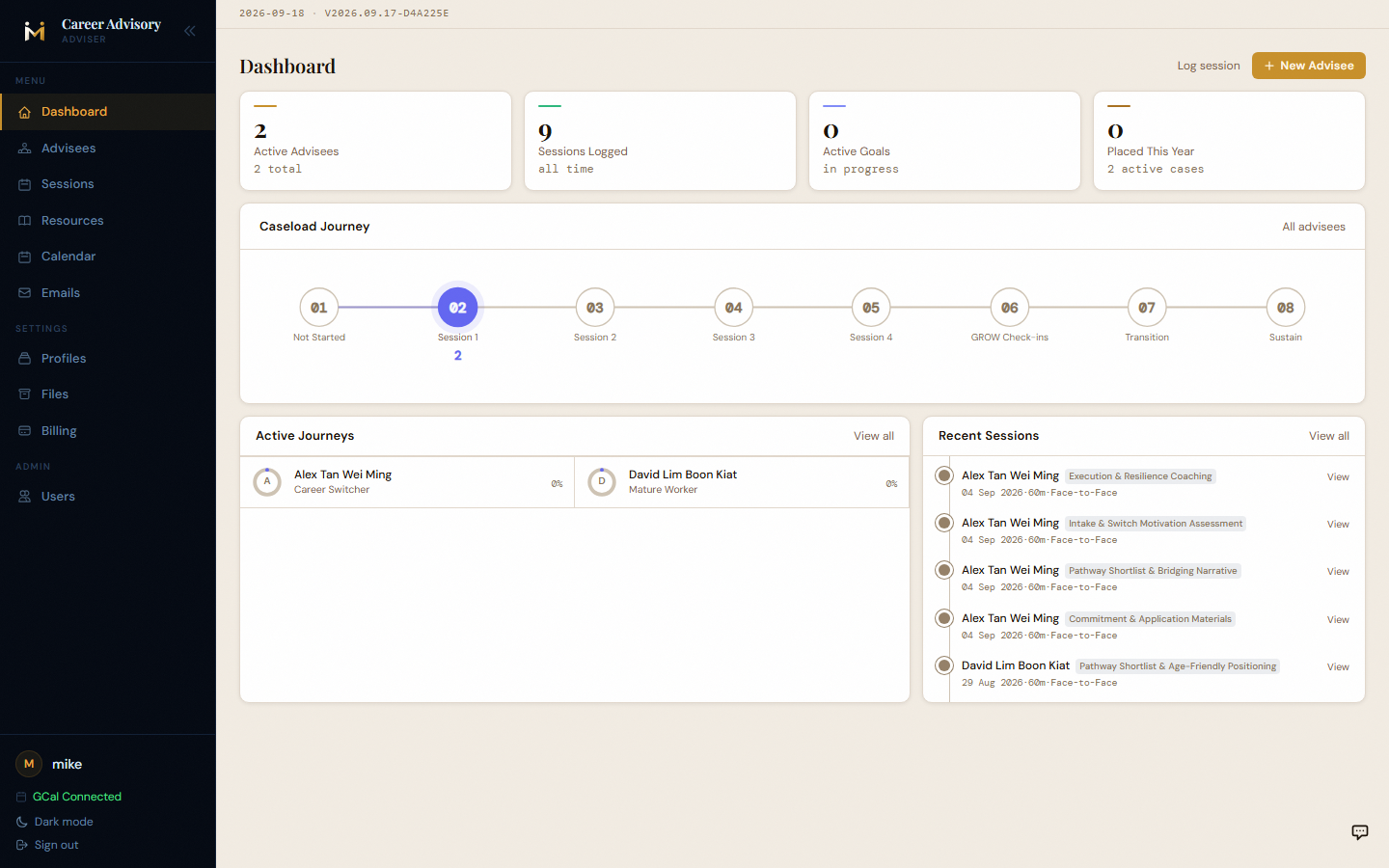 SVG journey rail showing 8 stages: Not Started, Session 1 through 4, GROW Check-ins, Transition, Sustain